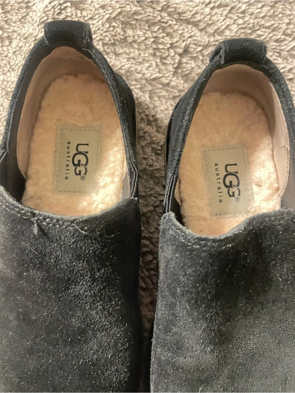 UGG Black Suede Slip-On Loafers with Tan Contrast Sole